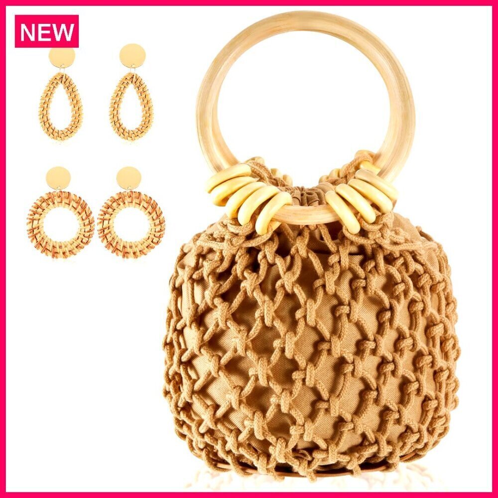 Woven Rattan Clutch Bag with 2 Pairs Earrings, 8.7x4.72 Inches, Bohemian Style